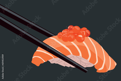 Sushi with salmon and rice in chopsticks on dark background