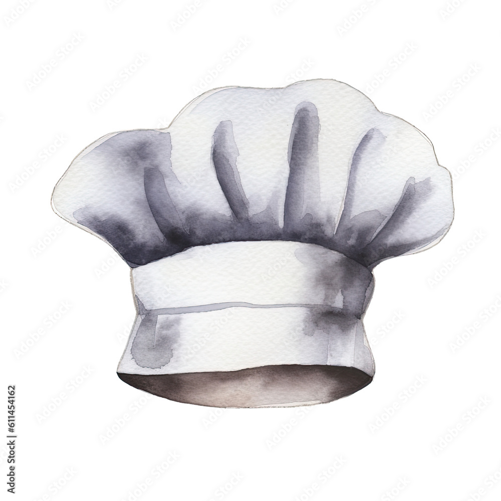 Hand Drawn Watercolor Baking Hat Clip Art Illustration. Isolated elements on white background. Kitchen utensils clipart for bakery decoration or for cookbooks, projects, menus, or recipe books. - obrazy, fototapety, plakaty 
