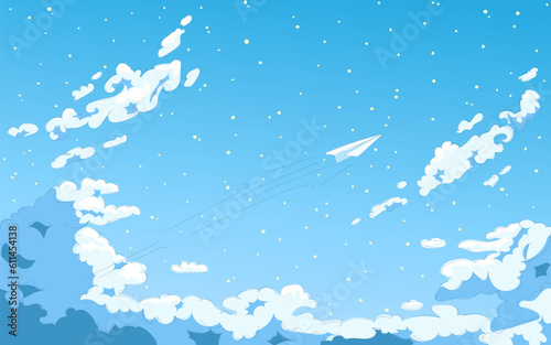 Vector illustration of Cloudy Sky in Anime manga style with paper plane, background, template