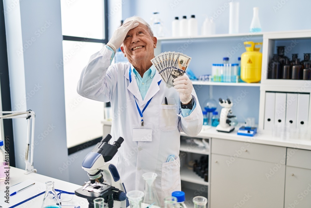 Senior scientist with grey hair working at laboratory holding dollars stressed and frustrated with hand on head, surprised and angry face Senior scientist with grey hair working at laboratory holding dollars stressed and frustrated with hand on head, surprised and angry face
