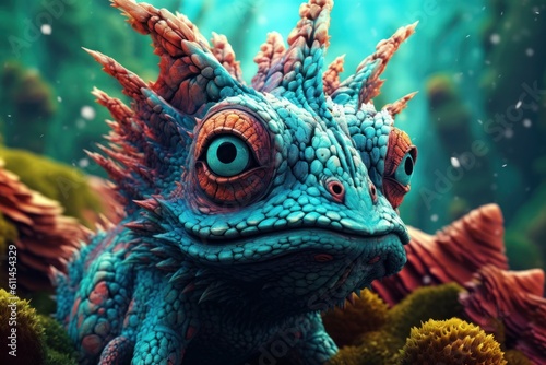 Cartoon fantasy monster in mystical forest. Deep  bright colors  fantastic animal concept art. Generative AI
