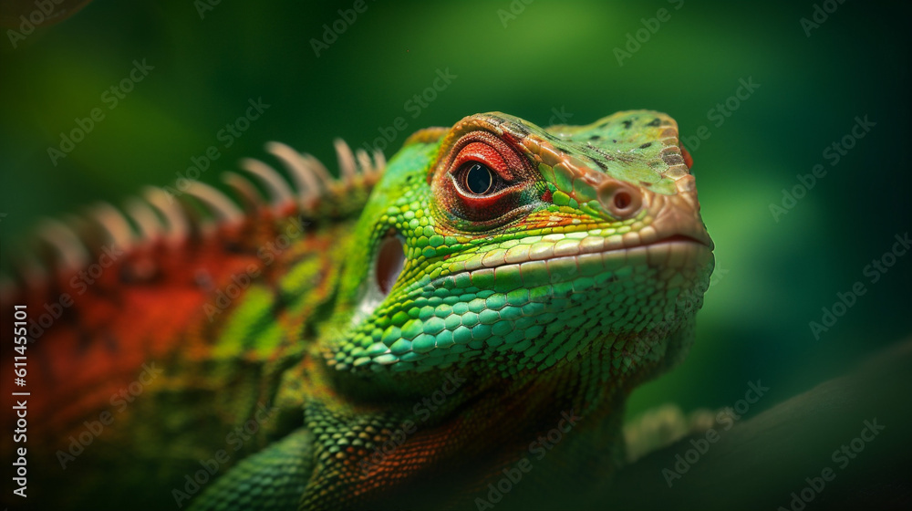 Obraz premium close-up lizard green nature scale iguana reptile wildlife animal portrait. Generative AI.