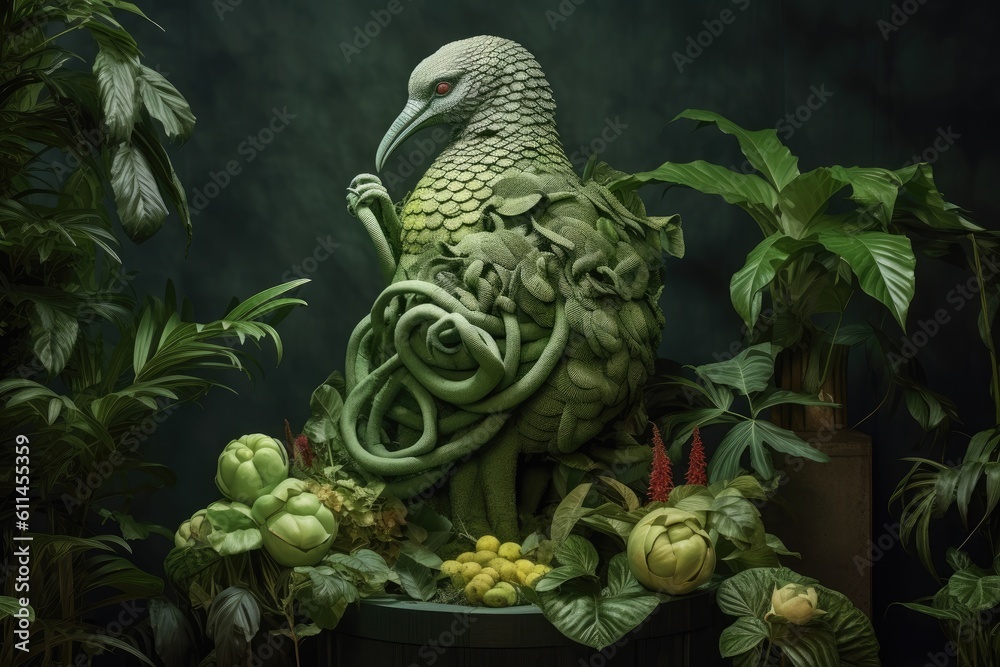 Beautiful green peacock figurine with flowers on a dark background. Generated AI