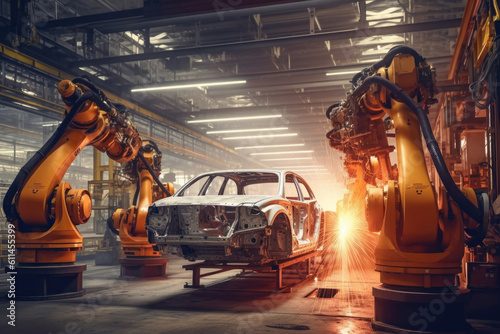 Car factory with robotic arms at assembly line. Automated vehicle conveyor welding car frames. Created with Generative AI