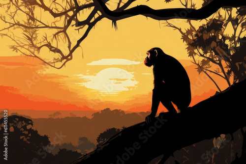 Silhouette of monkey at sunset. Animal in wild nature. Created with Generative AI