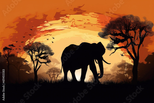 Silhouette of elephant in African savannah. Wild animal at sunset natural background. Created with Generative AI