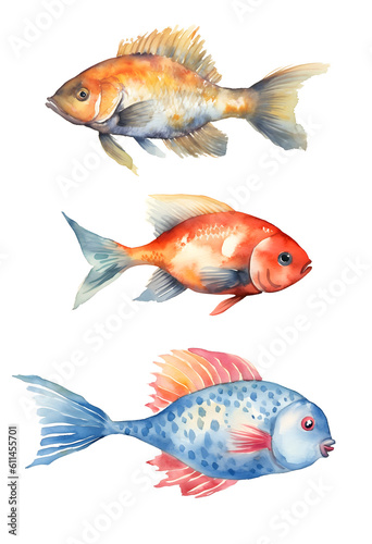 set of three child fish drawings in watercolor design isolated against transparent background