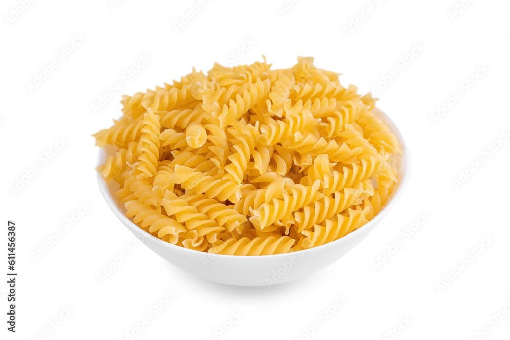 Fusilli in bowl and isolated on white background. Raw pasta spiral shape, ingredient for cook, traditonal italian cuisine. Fusilli in bowl and isolated on white background. Raw pasta spiral shape, ingredient for cook, traditonal italian cuisine.