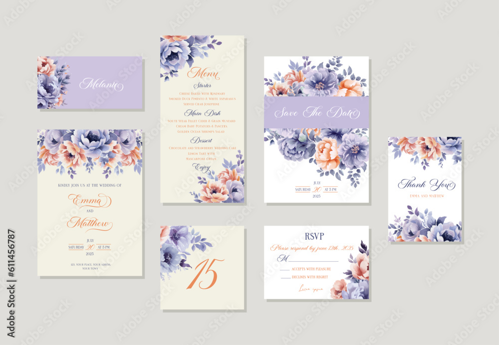 Wedding invitation set watercolor purple and peach Floral template card ...