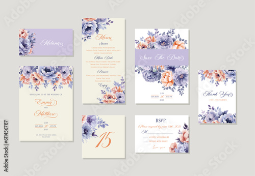 Wedding invitation set watercolor purple and peach Floral template card suite bridal shower bouquet thank you table card menu seating char escort