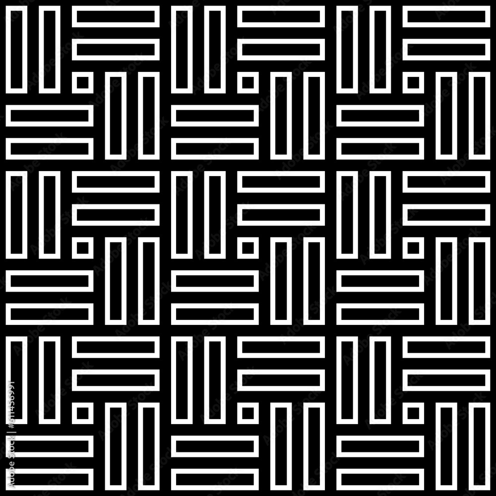 Parquet pattern. Basket weave motif. Braiding stripes ornament wallpaper. Seamless surface pattern design with black polygons. Digital paper for textile print, web designing. Ethnic embroidery Parquet pattern. Basket weave motif. Braiding stripes ornament wallpaper. Seamless surface pattern design with black polygons. Digital paper for textile print, web designing. Ethnic embroidery