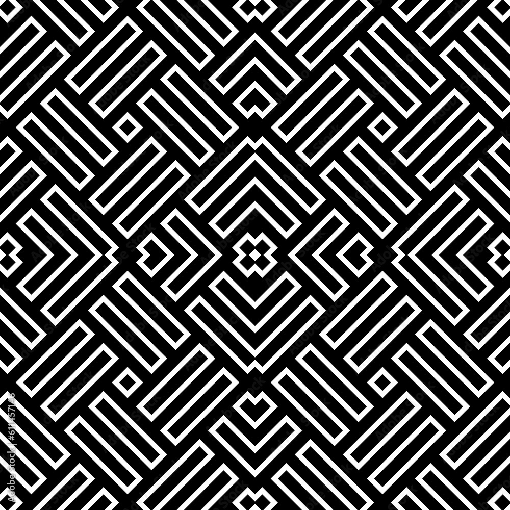 Wicker pattern. Basket weave motif. Braiding stripes ornament wallpaper. Seamless surface pattern design with polygons. Digital paper, web designing. Ethnic embroidery illustration.
