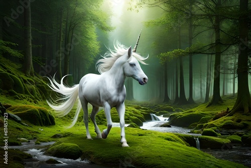 A mystical unicorn with a pearlescent horn  prancing through a magical forest filled with enchantment