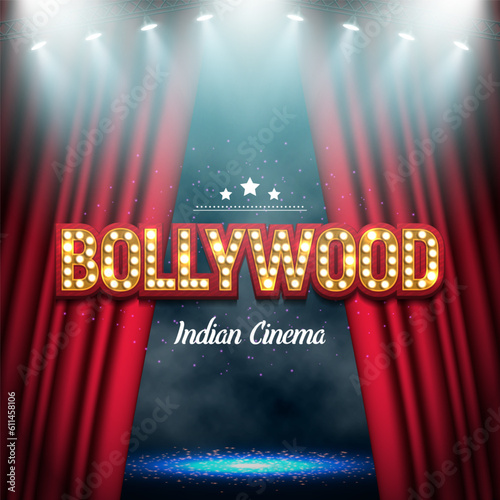 Bollywood indian cinema. Movie banner or poster with red curtain illuminated by spotlights. Vector illustration.