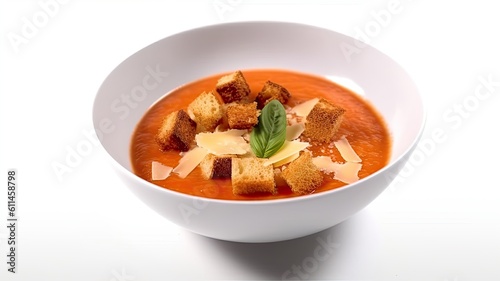 A warm bowl of tomato basil soup with croutons and parmesan cheese on White Background with copy space for your text created with generative AI technology