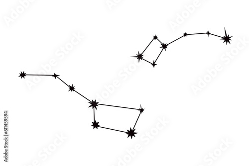 Big and Little Dipper constellation set simple doodle vector illustration, Ursa major and Minor astronomy symbol design element, stars connected with lines for kids goods, poster, card, invitation