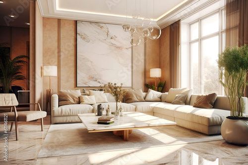 Marble square coffee table near beige corner sofa. Interior design of modern living room. Created with generative AI © Vadim Andrushchenko