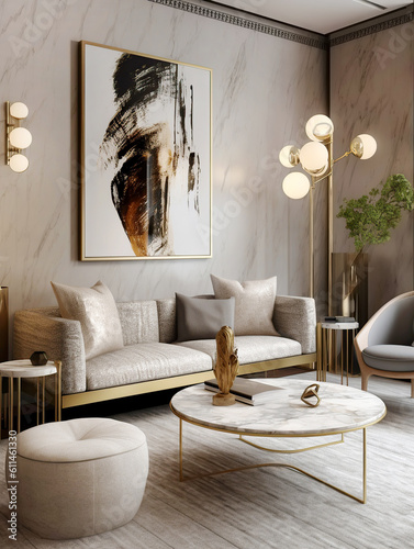 Fotografija Gray fabric sofa and marble stone coffee table