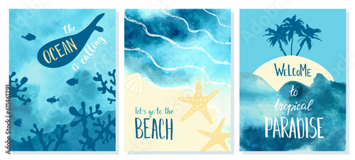 Set of postcards with nautical details. Backgrounds with watercolor texture. Summer cards with fish, palm trees, starfish and the ocean.