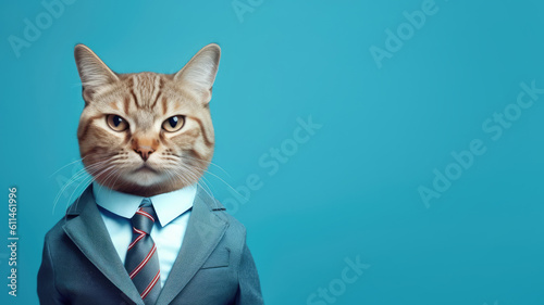 Advertising portrait, banner, serious classic cat businessman in suit with with a tie isolated on blue background