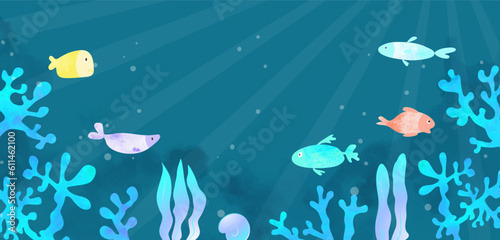 Beautiful sea background with fish, corals and algae.Modern design for promotional materials, postcards, covers and more