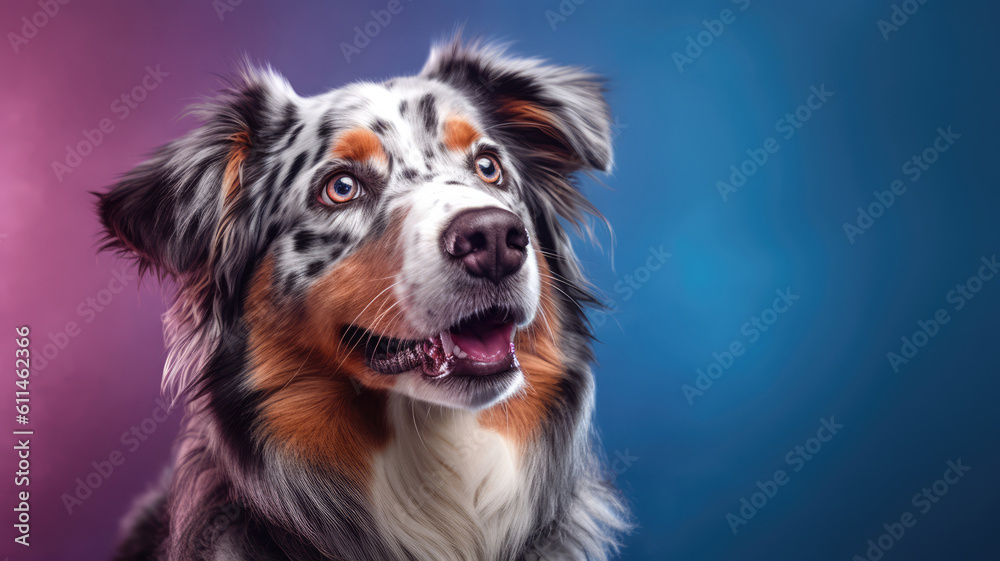 Advertising portrait, banner, beautiful colored australian shepherd looking directly to the camera, isolated on blue red background