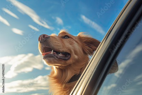 Travel golden retriever dog, peeking through the windows of car to the outside , Travel concept