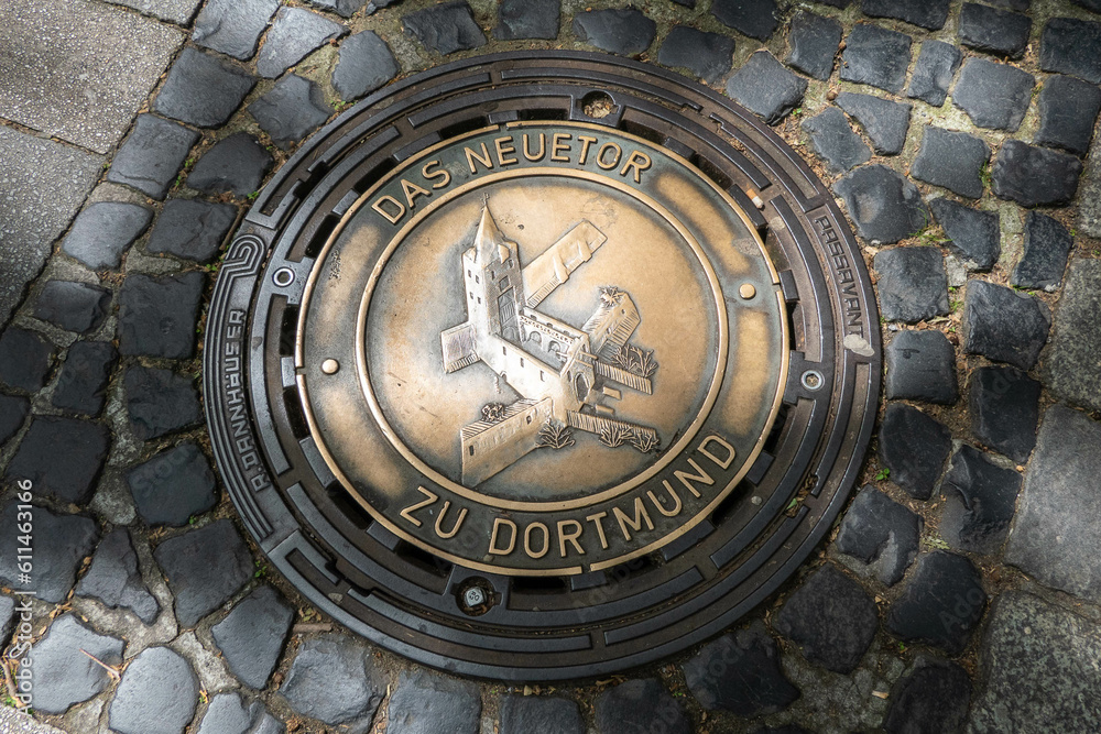 Dortmund, Germany, May 29, 2023, Dortmund city sewer plate with an old fortification