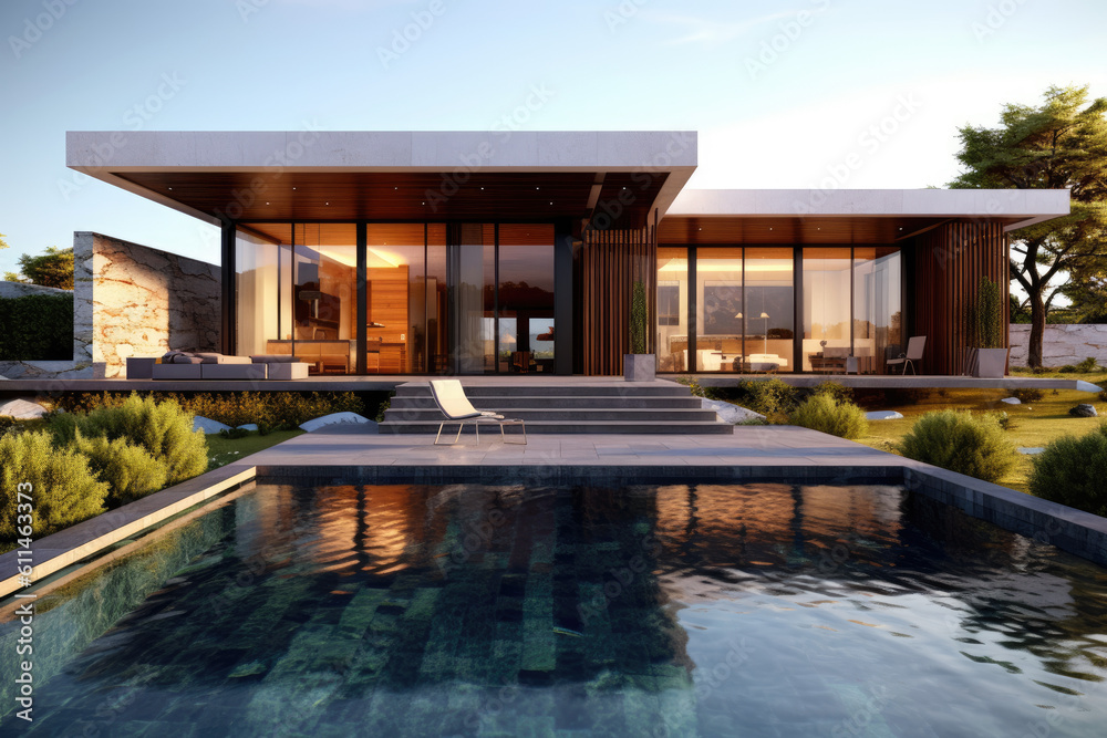 Travel modern house with swimming pool and outdoor patio, Travel concept