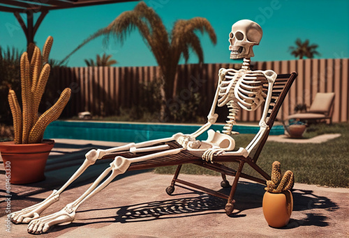 The skeleton lies on a sunbed near the pool in the background greenery. AI Generated