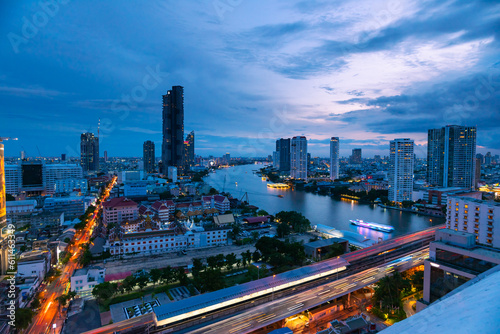 Aerial view of Bangkok city overlook Bangkok city, tiny world, high rise building, road, fish eyes lenses, Tourist destination in Thailand. © Piak