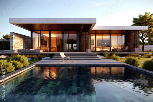 Travel modern house with swimming pool and outdoor patio, Travel concept © Jagdel