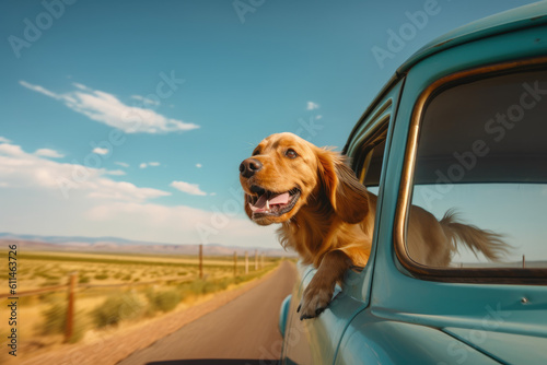 Travel golden retriever dog, peeking through the windows of car to the outside , Travel concept