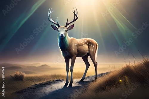 A mythical stardust fawn, a celestial creature with a glowing coat and antlers adorned with shimmering stars