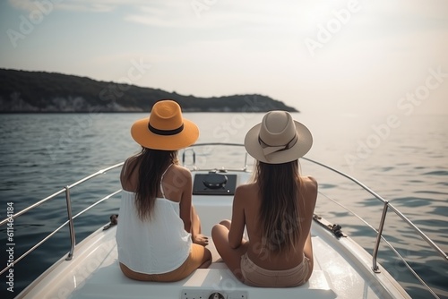 Back view of two young women in swimsuits and hats sitting on the back of the boat and looking at the sea, Friends chilling on a yacht in the ocean full rear view, AI Generated