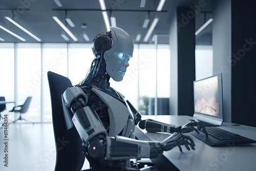 3d rendering humanoid robot working with computer in modern office. artificial intelligence concept, Futuristic Ai robot CEO sitting at his office chair, AI Generated