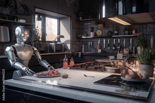 Robot in the kitchen. 3d rendering. Robot and food. Futuristic AI robot cooking in a kitchen, AI Generated