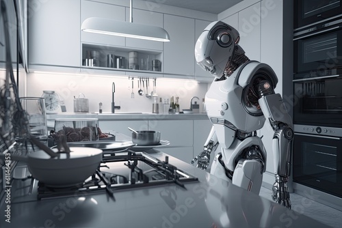 3d rendering humanoid robot in modern kitchen interior with gas stove. Futuristic AI robot cooking in a kitchen, AI Generated