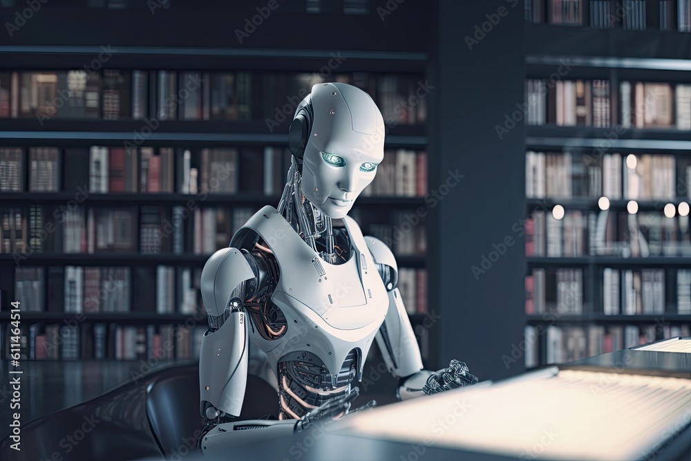 3d rendering humanoid robot working in a library with bookshelf, Futuristic AI robot reading books in a library, AI Generated 3d rendering humanoid robot working in a library with bookshelf, Futuristic AI robot reading books in a library, AI Generated
