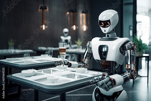 Modern robot with glass of wine in , Futuristic AI robot serving dishes in the restaurant, AI Generatedrestaurant interior. 3d rendering