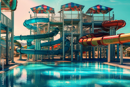Summer water amusement park with rides and tubes, created with Generative AI Technology