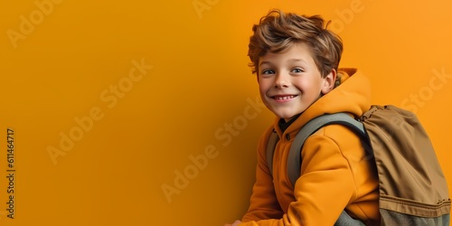 little boy smiling on a orange background, school, back to school, education