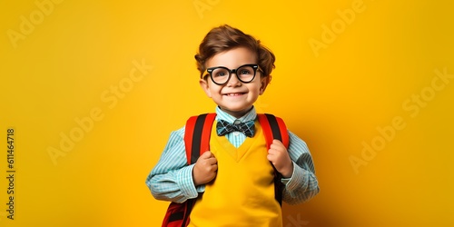  little boy smiling on a yellow background, school, back to school, education