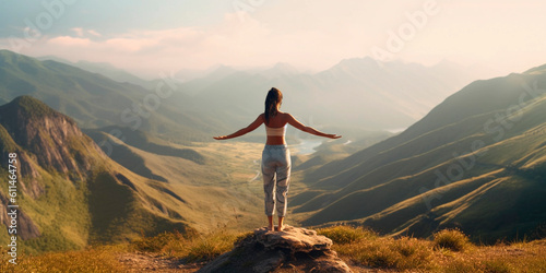 Beautiful young woman doing yoga in nature. Advertisement. AI generated