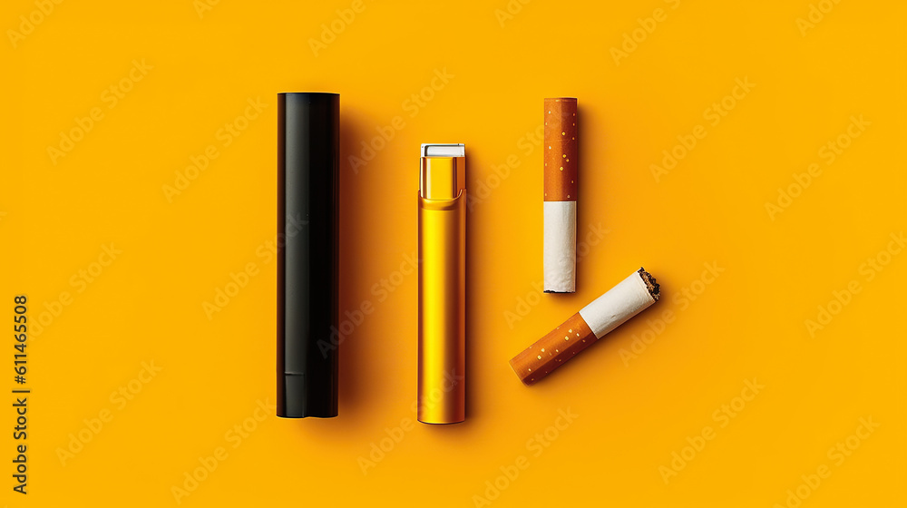 Naklejka premium Cigarettes and electronic tobacco smoking system isolated on yellow background. Top view. Generative AI.