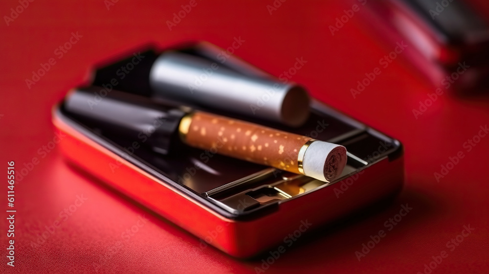 Electronic cigarettes in a red ashtray on background. Generative AI. Electronic cigarettes in a red ashtray on background. Generative AI.
