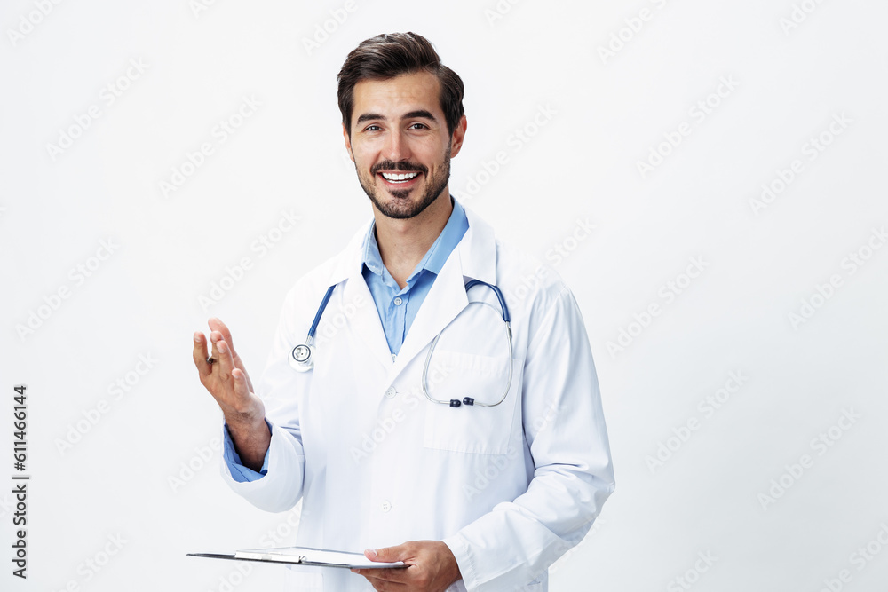 Man doctor in white coat with stethoscope and folder for notes and patient records smile and good test results look into camera on white isolated background, copy space, space for text, health Man doctor in white coat with stethoscope and folder for notes and patient records smile and good test results look into camera on white isolated background, copy space, space for text, health