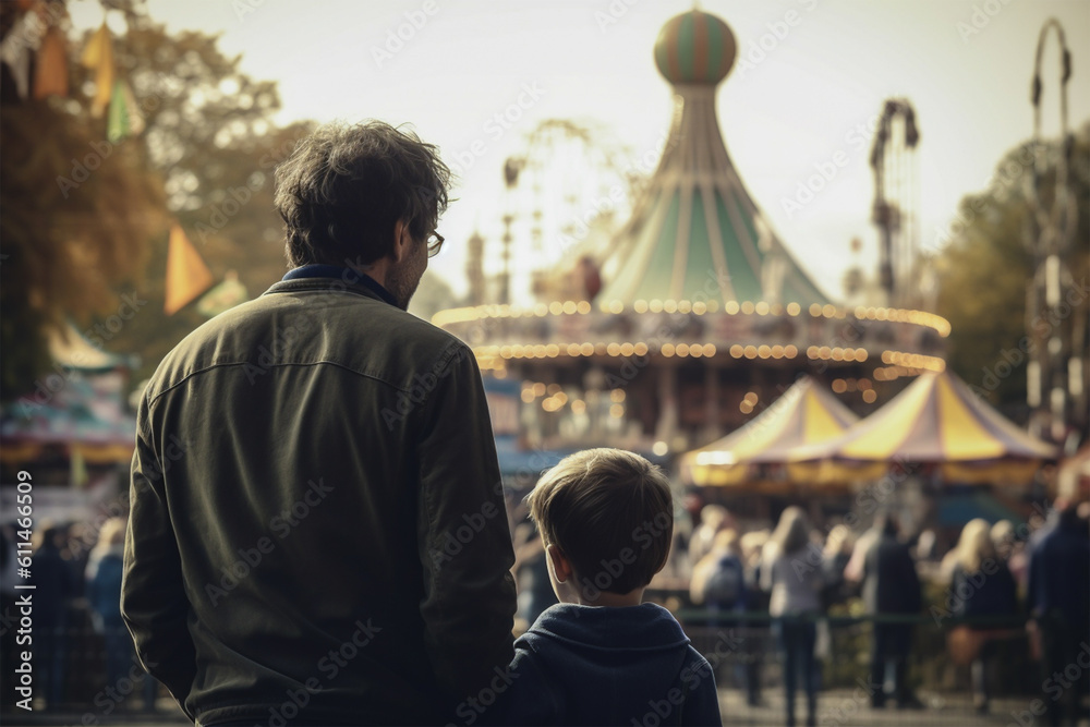 Father and son going to the amusement park.Back view.Father's day.Created with generative ai	