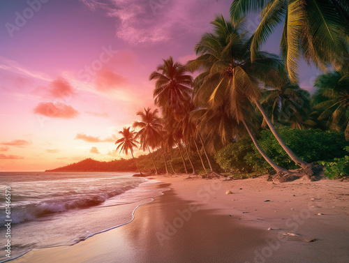 Realistic tropical beach with dramatic sunset created with Generative AI technology.