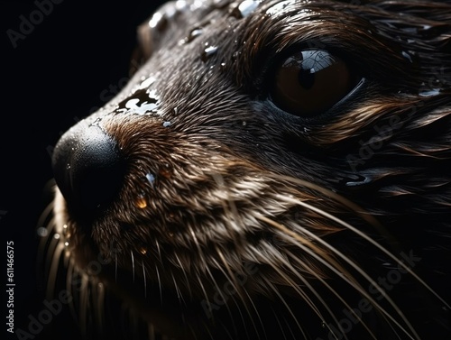 Otter eyes close up with dripping water created with Generative AI technology.